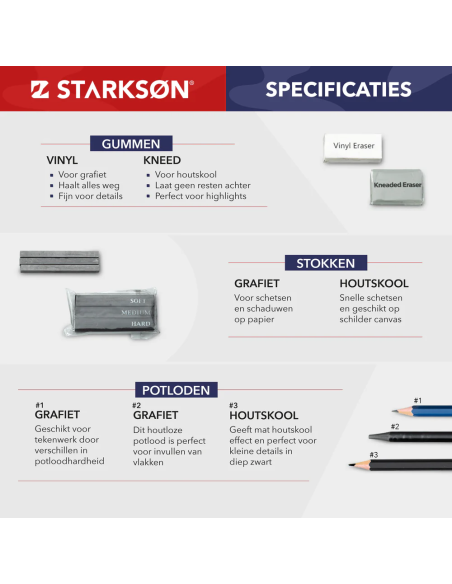 Set 27 Piezas y Lápices de Dibujo Carbocillo y Grafito Starkson