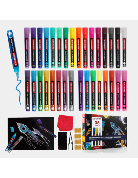 SET 36 Piezas con 32 Rotuladores de Tiza para Pizarra y Vidrio Starkson