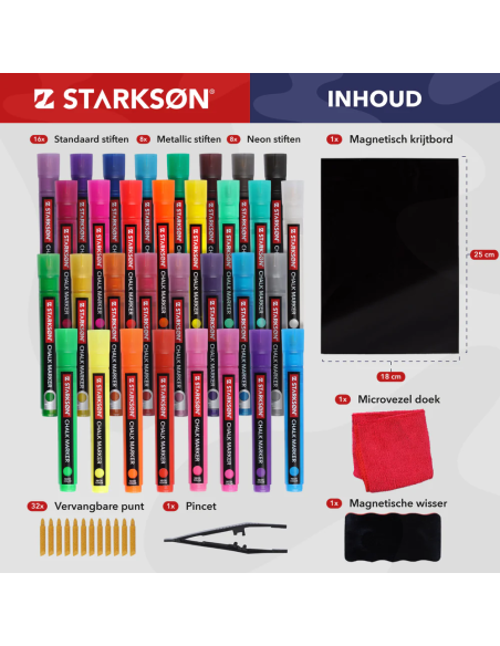 SET 36 Piezas con 32 Rotuladores de Tiza para Pizarra y Vidrio Starkson