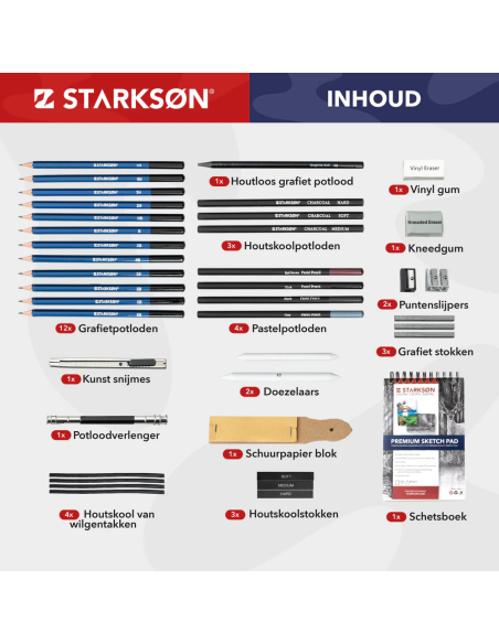 SET 41 Piezas de Lápices de Dibujo con Carboncillo y Grafito Starkson