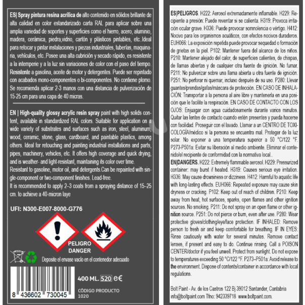 Spray Bolt Premium Acrílico Brillante Ral 400 Ml