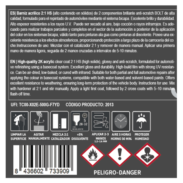 Kit Barniz + Catalizador Hs 2:1 Normal 2K Bolt 750 Ml