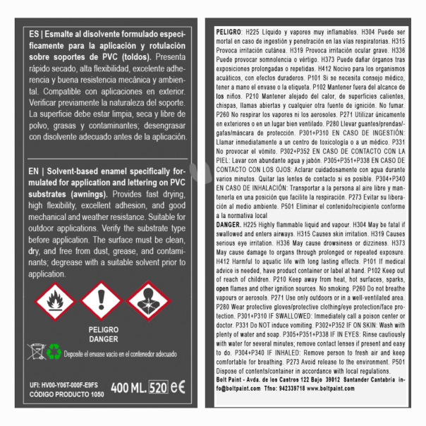 Spray Bolt Pintura Flexible Toldos PVC Ral 400 Ml